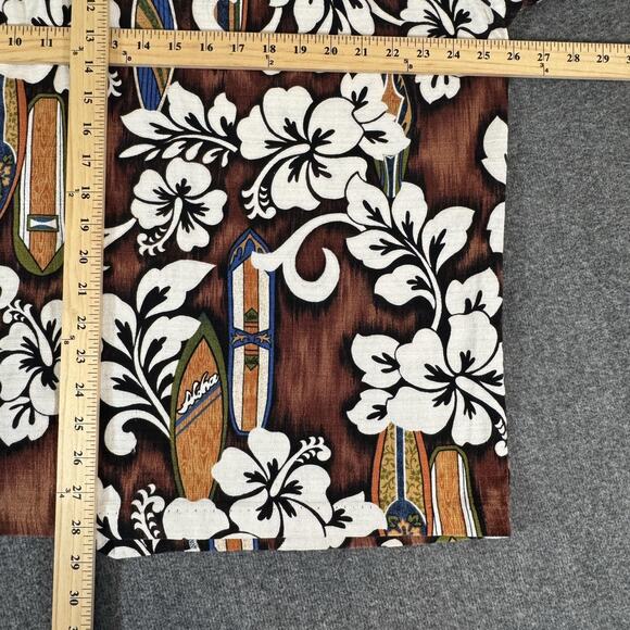 RJC Hawaiian Shirt Mens XL Bark Cloth Brown Hibiscus Surfboards Made in USA - Picture 2 of 11